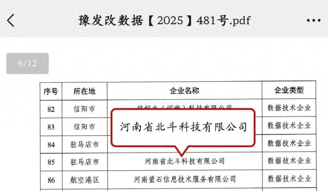河南侨商联常务理事单位北斗科技荣获河南省第一批数据企业认定